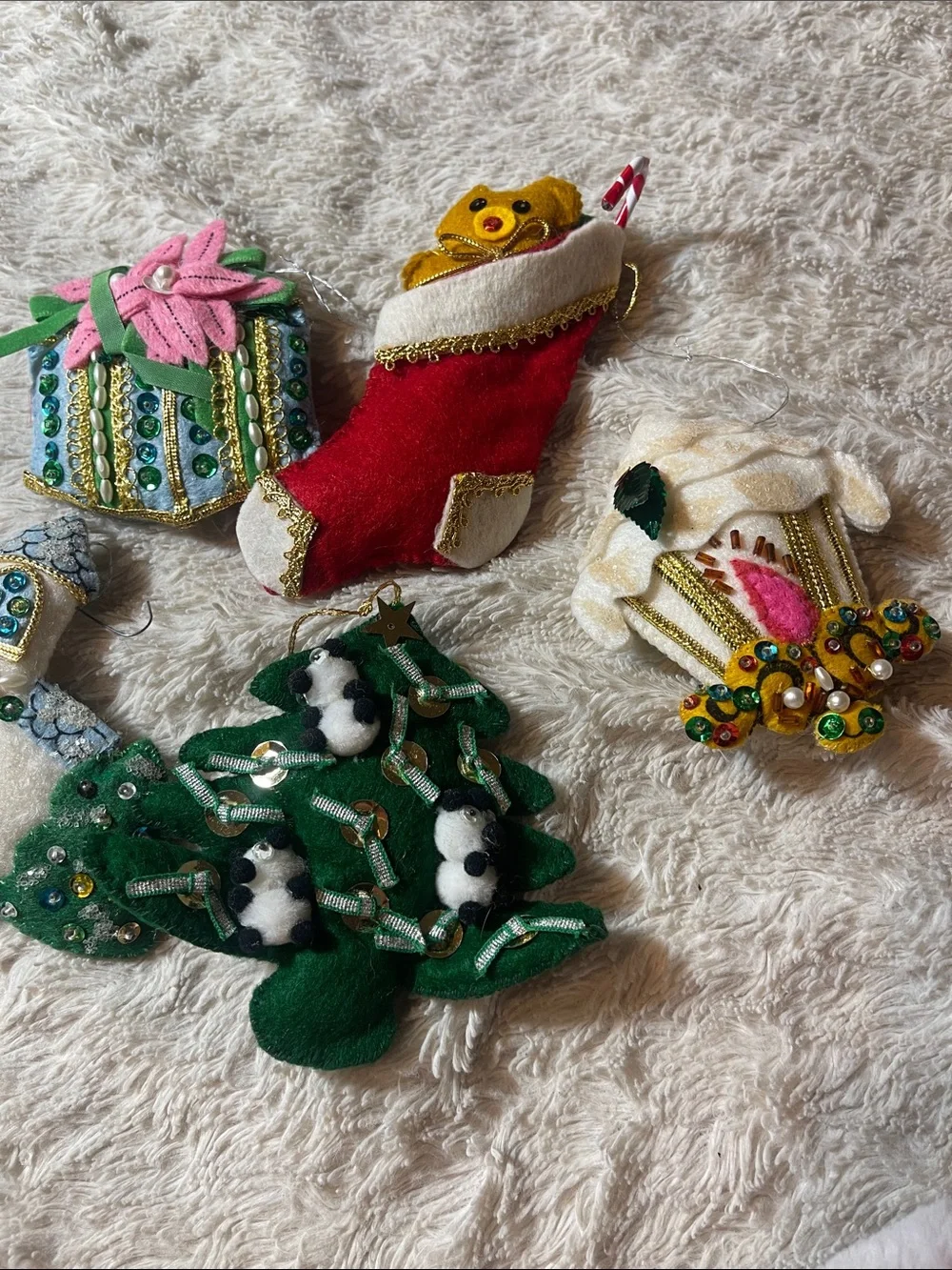 Vintage  Felt Christmas Ornament Lot - Stocking, Tree, Church, Gifts